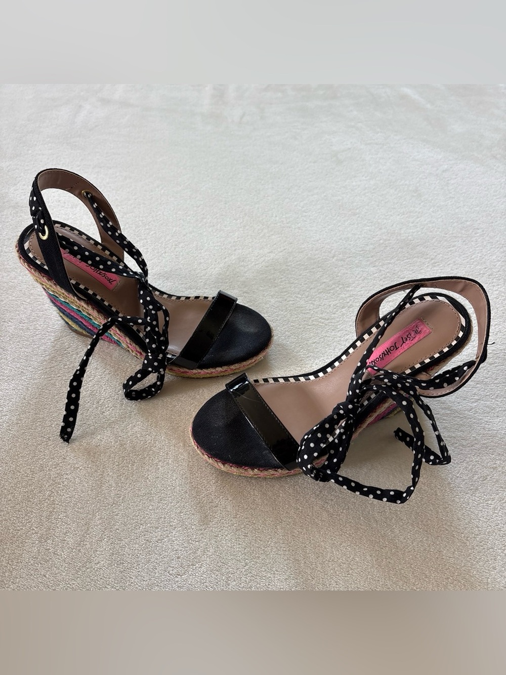 Y2K Betsey Johnson Rainbow Polka Dot Lace Up Wedge Sandals Size 6.5
